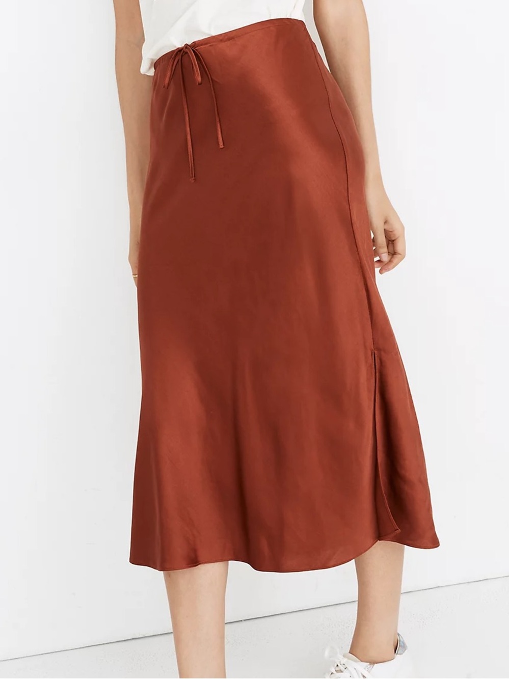 Lovely Madewell Autumn Burnt Orange Satin Drawstring Midi Slip Skirt